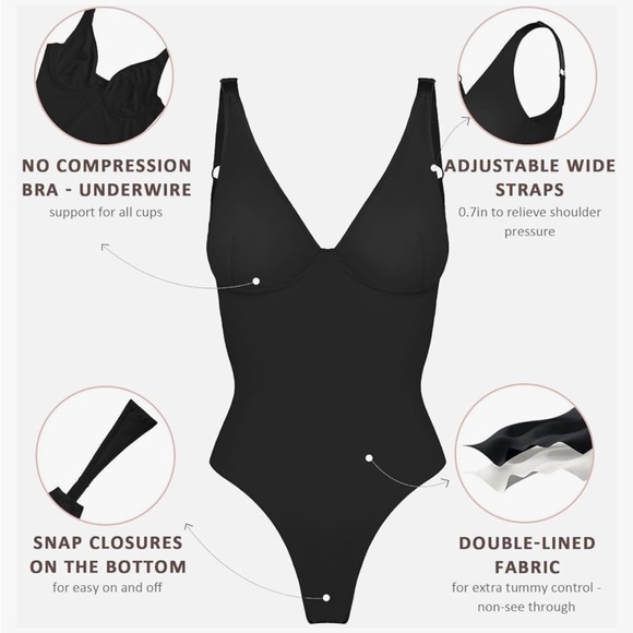 NWOT FeelinGirl Black V-Neck Underwire Thong Bodysuit w Adjustable Straps - Picture 3 of 12